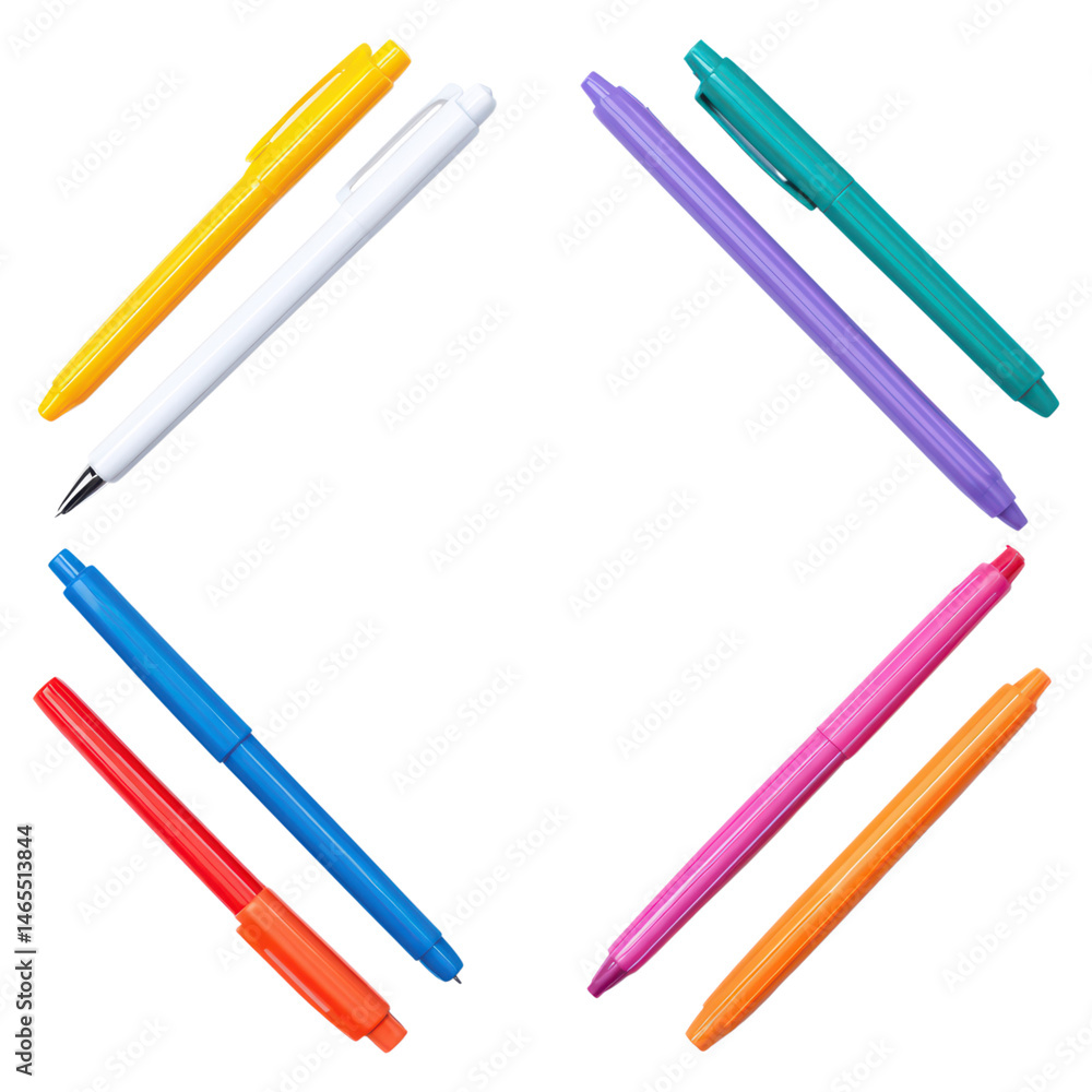 Poster colorful variety of writing instruments arranged in a circular pattern, isolated on transparent back