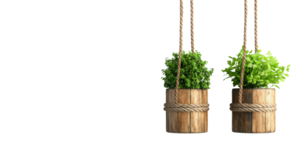 Two hanging wooden planters with vibrant green plants, adding a touch of nature to any indoor space.