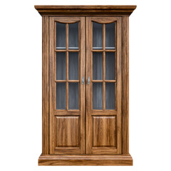 Obraz premium Elegant wooden cabinet with glass doors and natural finish design, isolated on transparent background.
