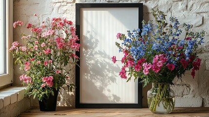 Flowers and Frame on Wooden Surface