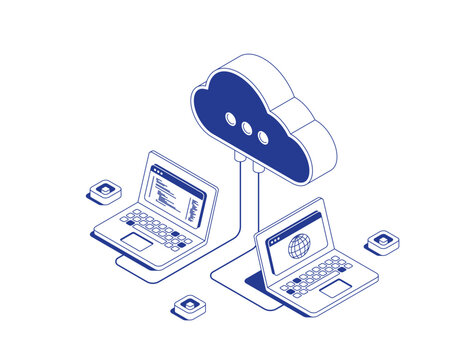 Cloud computing concept. Two laptops connected to cloud network with programming code and browser windows. Modern web development and data transfer. Isometric line contour vector illustration
