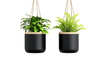 Two stylish hanging planters with lush green plants, adding a vibrant touch to any interior decor.