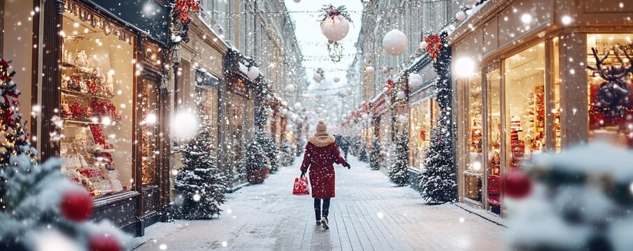 Woman walking down snowy christmas shopping street with decorated storefronts