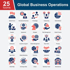 Global Business Operations is a collection of icons illustrating international business processes, outsourcing strategies, global supply chain management, risk management, and the dynamics of global.