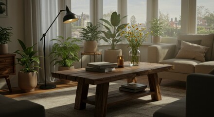 Cozy living room with natural light and plants