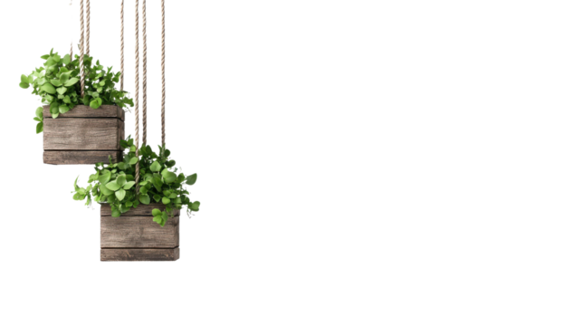 Rustic wooden planters with lush green plants hanging elegantly, creating a natural and fresh ambiance.