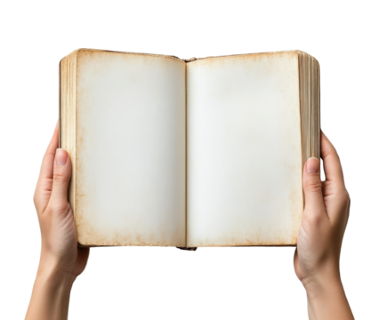 Hands holding an open book minimalist isolated on transparent background