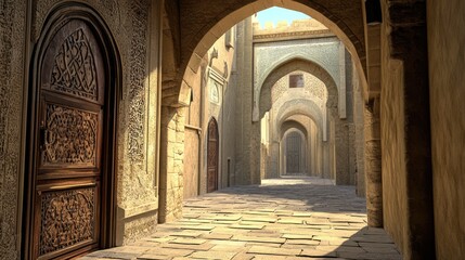 Obraz premium Sunlit Alleyway in Ancient City, Intricate Carved Door and Archways