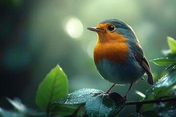 Fototapeta premium A robin perched serenely amidst lush greenery.
