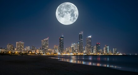 Fototapeta premium Night city skyline with full moon over beach