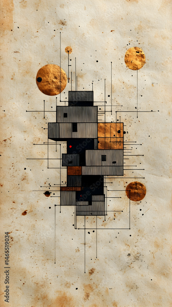 Poster abstract architectural structure in a futuristic setting, overlaid with a network of lines and circl