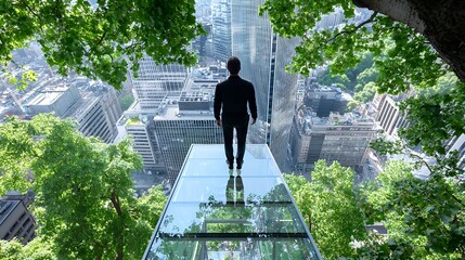 Plakat Person Standing on Glass Platform Overlooking City Buildings