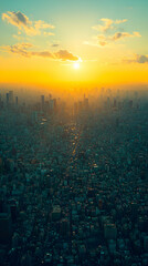 Cityscape at sunset, hazy view of Tokyo
