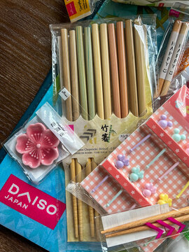 Daiso Haul, Top view of daiso products, Chopsticks and Bento Accessories, Japanese items, Daiso Products with Shopping Bag