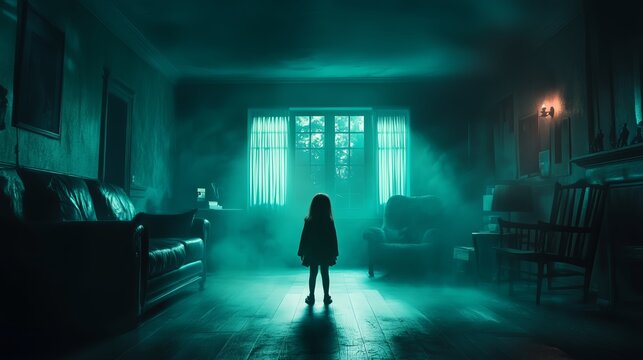 Eerie Solitude , small chost child stands alone in a dimly lit, shadowy room, facing a mysterious window, creating an atmosphere of suspense and vulnerability.  