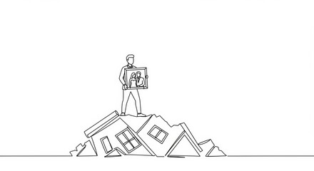 Minimalist line drawing of a man standing on house rubble holding a wedding photo