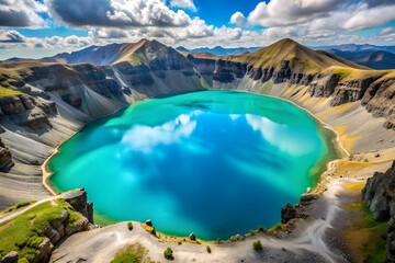 Obraz premium aerial view of a turquoise lake in a mountain crater