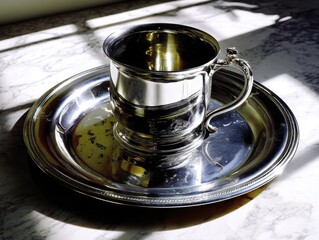 Silver cup with handle on beaded edge saucer, reflective surface, elegant tableware