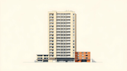Modern architectural drawing of a multi-story apartment complex with a connected low-rise building