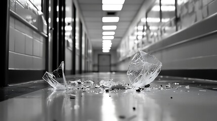 Broken glass shards litter a monochrome school hallway.