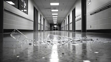 Broken glass debris on a hospital corridor floor.