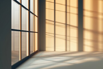 Warm sunlight casting window shadows on interior wall

