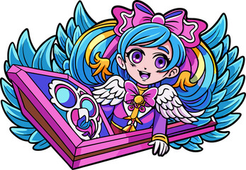 an angel of death in a coffin sticker. fairy with wings