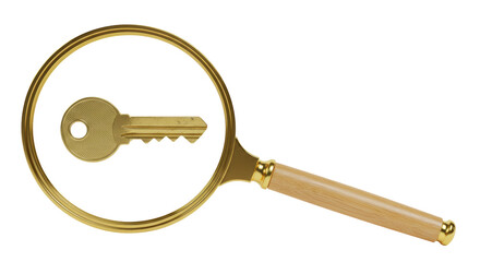 Isolated Magnifying Glass over Golden Key