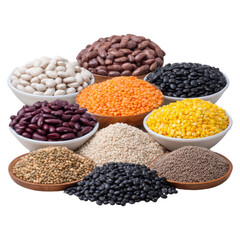 Fototapeta premium Variety of Colorful Legumes and Grains in Bowls on Wooden Table, isolated on transparent background.