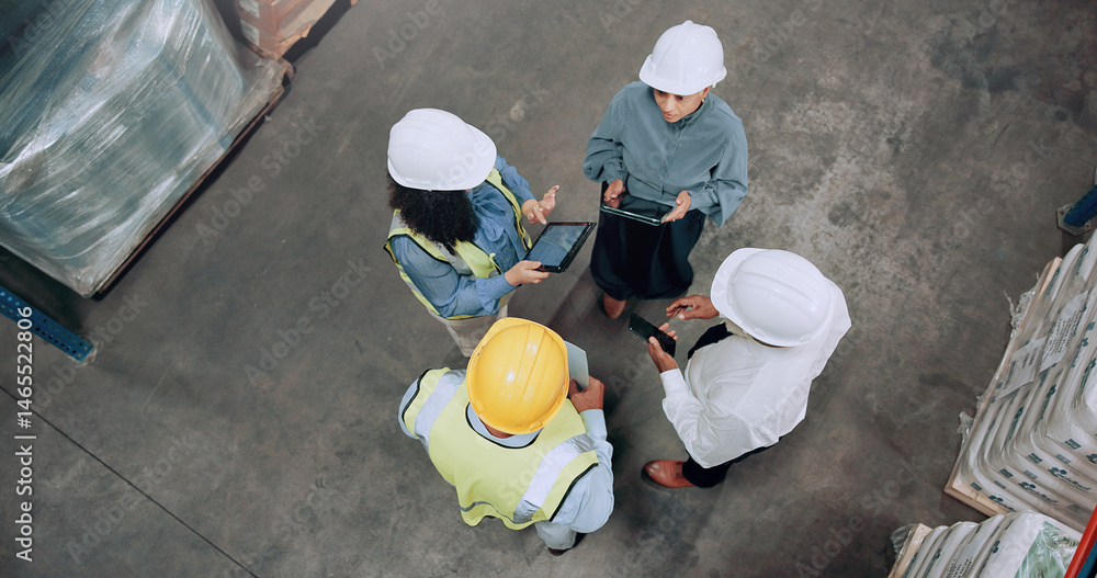 Poster group, people and circle at warehouse with tablet, above and discussion with app for logistics. wome