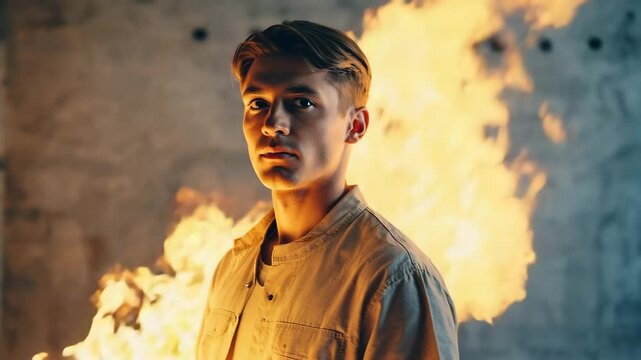Young man standing boldly against dramatic fire backdrop in urban setting
