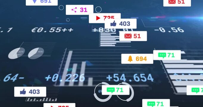 Floating holographic interface displaying social media metrics with bar charts and icons in 3D grid