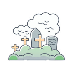 Cemetery graveyard tombstone cross death halloween spooky grave clouds memorial burial site icon vector