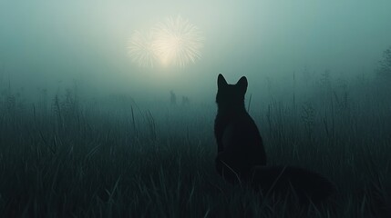 Silhouette of a cat in a misty field at dawn.