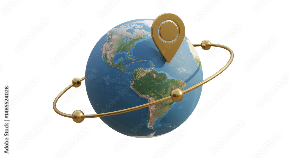 Poster isolated globe with golden location pin and orbiting line