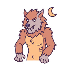 Illustration of a cartoon werewolf with a crescent moon for halloween themed design needs