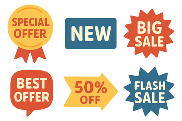 Set of colorful sale and promotion labels with text : Big sale, new, Flash Sale, 50% Off, Best Offer isolated. Price for sale stickers perfect for online stores, marketing banners or ecommerce promo