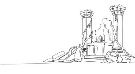 Elderly Woman Kneeling at Ruined Temple Altar in a Minimalist Line Drawing