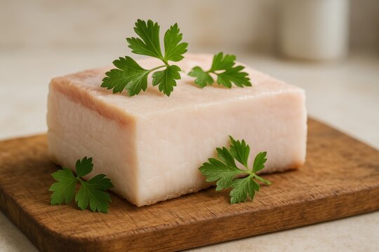 A thick slice of raw pork fatback is placed on a rustic wooden cutting board, adorned with fresh parsley leaves