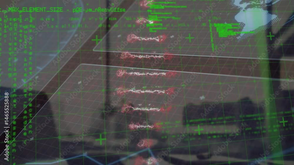 Poster holographic ar interface floating over blurred desk scene, showing green grid code and red waveform