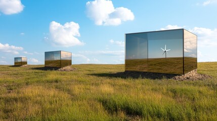 Mirrored Cubes on Grassland Reflecting Wind Turbine, Concept, Sculpture