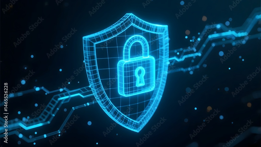 Poster a glowing blue wireframe shield with a padlock on a dark background with circuit board lines
