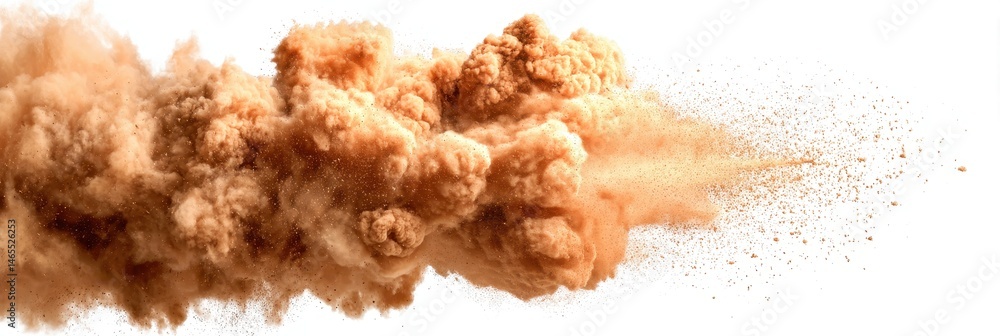 Poster dynamic explosion of brown dust and particles captured on a white background with motion blur effect