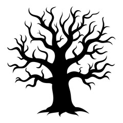 Spooky silhouette tree with curly branches vector, Halloween twisted tree art, Bare creepy tree illustration, Cartoon haunted tree design