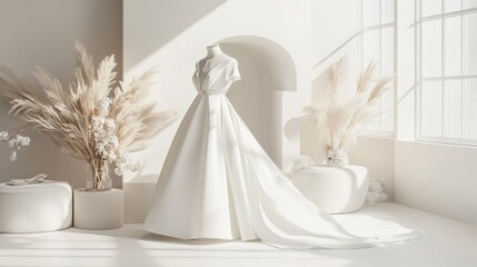 Elegant White Wedding Dress in Minimalist Studio Setting
