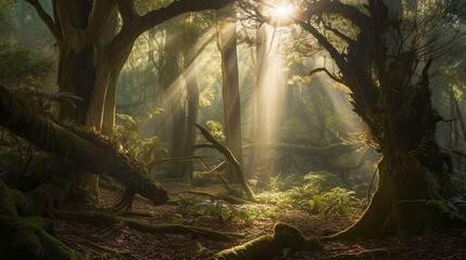 Sunlight filters through mystical forest