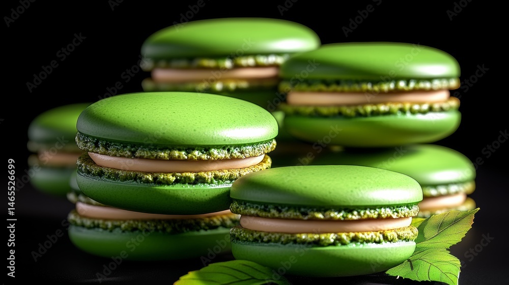 Aufkleber stack of green macaroons with a leaf on top. the macaroons are arranged in a pyramid shape, with the