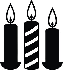 Whimsical silhouette candles vector with striped design, Halloween candle trio illustration, Cartoon festive candle clipart, Striped spooky candle vector