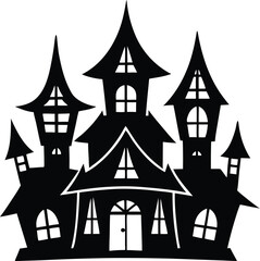 Silhouette vector haunted house with glowing windows, Spooky Halloween house vector, Haunted building illustration, Halloween cartoon mansion