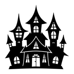 Silhouette vector haunted house with glowing windows, Spooky Halloween house vector, Haunted building illustration, Halloween cartoon mansion
